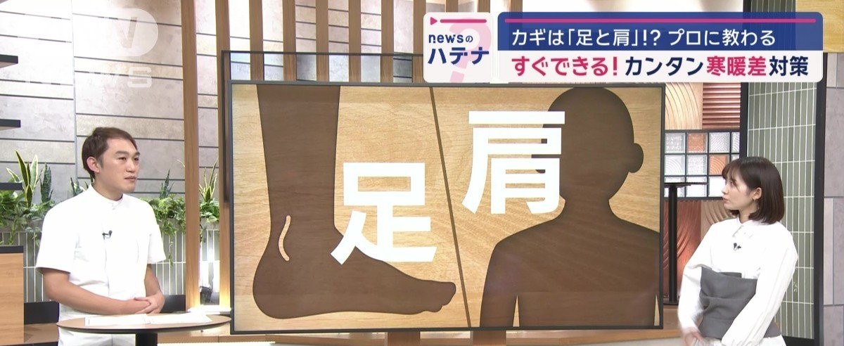 スーパーJチャンネルで肩のセルフケアについて説明する田代
